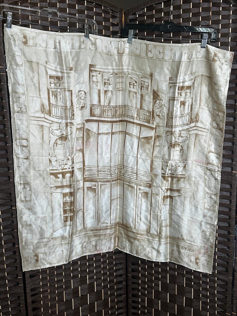 Vintage Escada Silk Scarf Architectural Facade Cherub Print Large Square Sepia